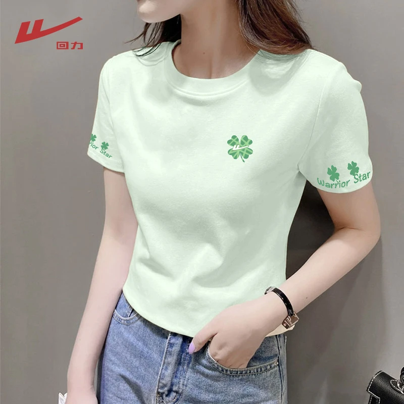 Warrior/回力森系小众圆领修身印花T恤绿色夏季百搭休闲洋气设计