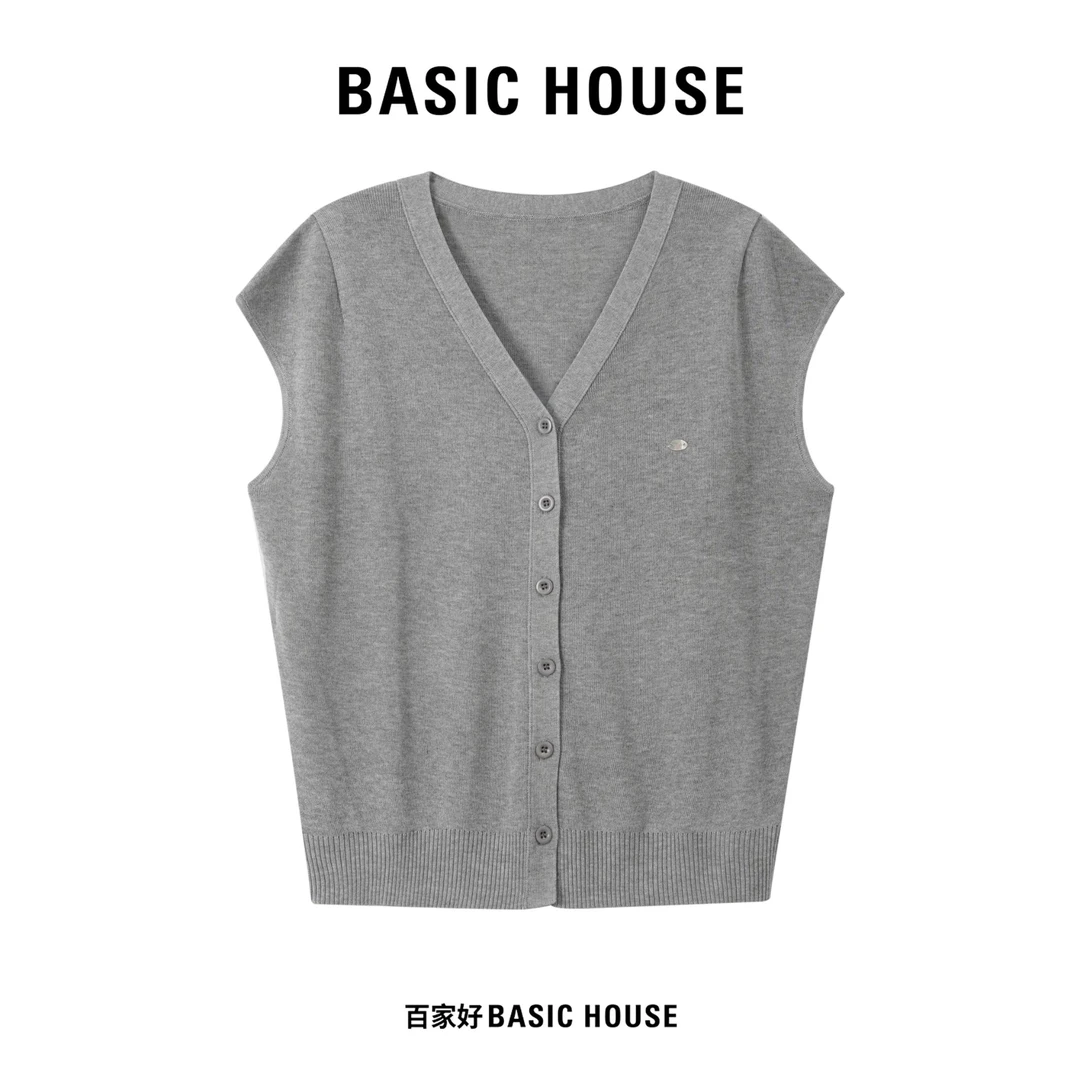 Basic House/百家好2025年新款时尚V领单排扣无袖针织衫C872 MM