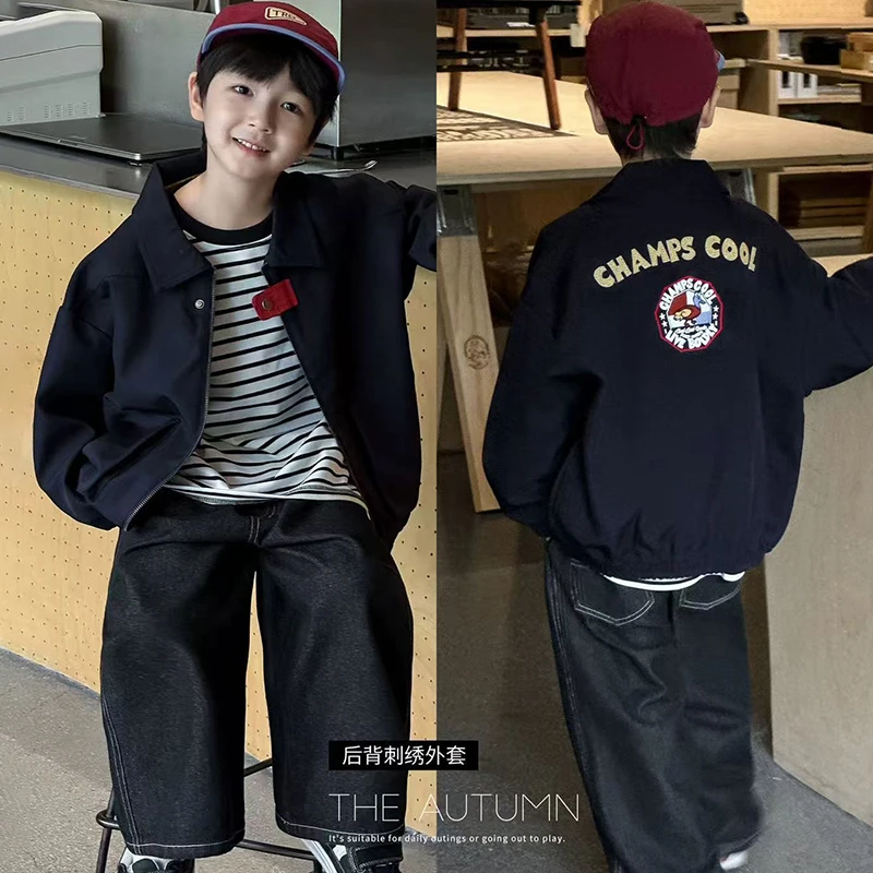 2025男童秋款新品洋气后背个性刺绣翻领拉链儿童宽松外套韩版