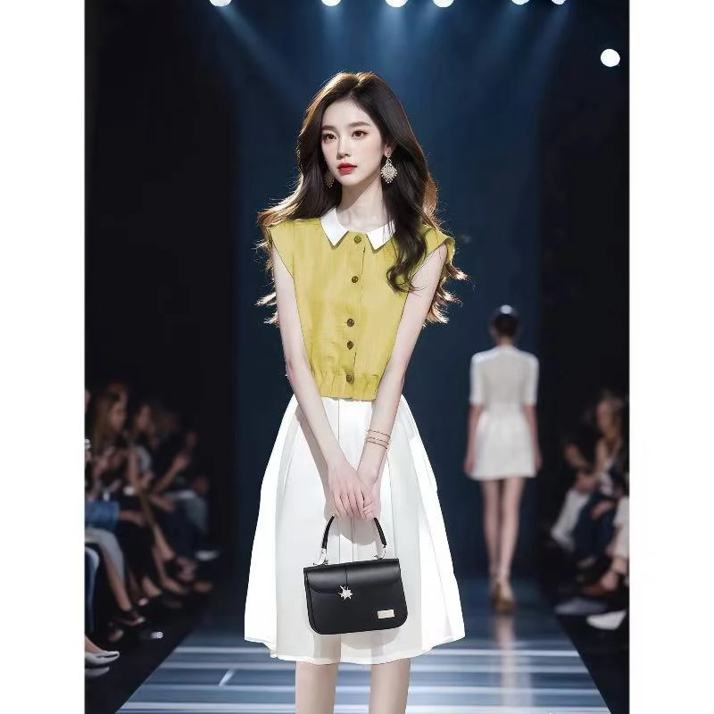 今年流行爆款衬衫独特漂亮轻奢高级感法式黄色无袖上衣套装女