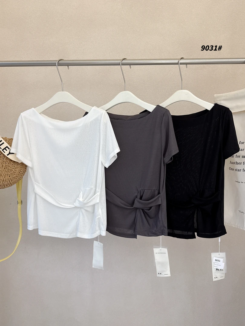 【一字肩老钱风T恤】纯色短袖百搭时尚慵懒露肩一字肩18899(9031)