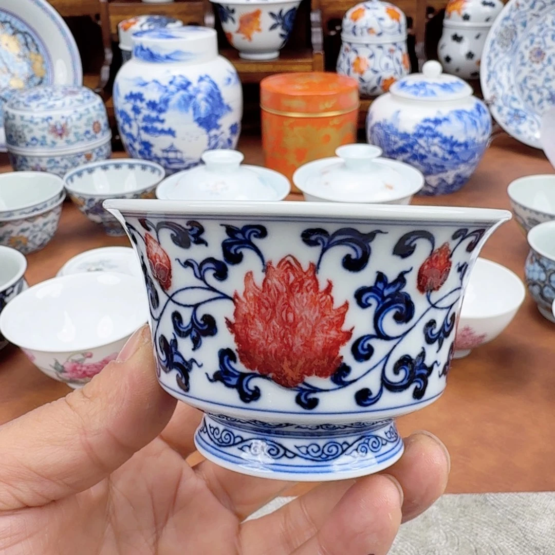 陶摆件瑕疵青花釉里红单杯