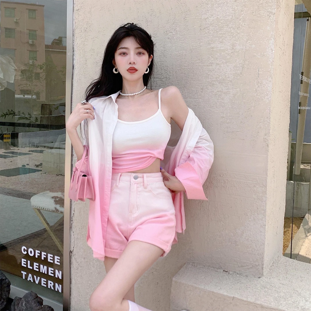 炸街网红套装女2025秋季款小个子时尚渐变衬衫吊带牛仔短裤三件套