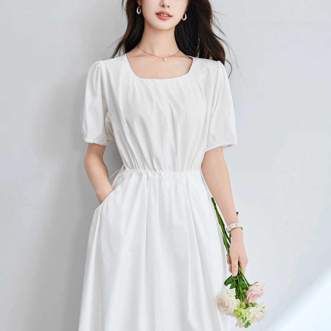 纯棉白色甜美短袖连衣裙女夏季新款法式设计感抽褶系带收腰A字裙