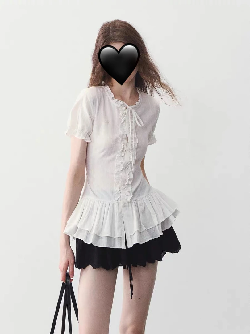 甜粿妹妹夏日和纯白荷叶边拼接上衣女夏韩系小众收腰短袖T恤衬衫