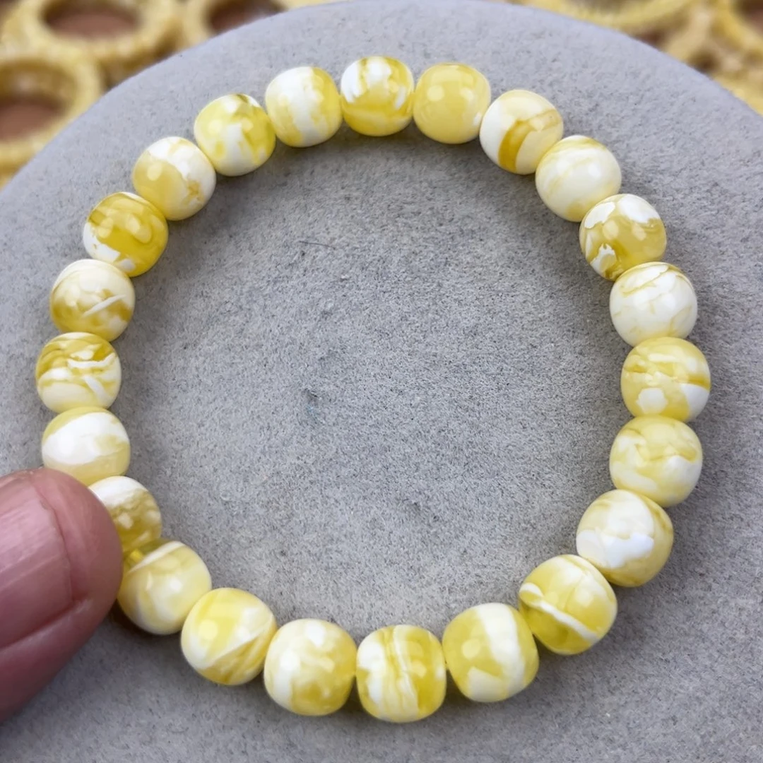 蜜蜡未镶嵌手串纯天然俄料金瓷白花虎皮极限弧高桩9.5*9腕口18+