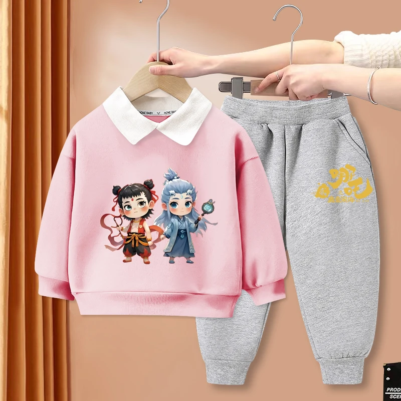 儿童春秋冬季上衣polo领卫衣套装中国风男女童国漫趣味童装潮款