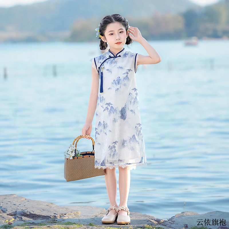 古风连衣裙青花瓷旗袍中国风演出服2025夏女孩女童夏季国潮旗袍裙