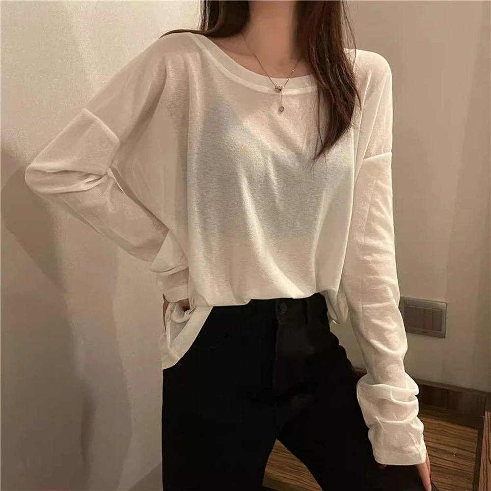 2025夏季圆领宽松慵懒套头冰丝长袖T恤女糖果色薄款防晒罩衫上衣
