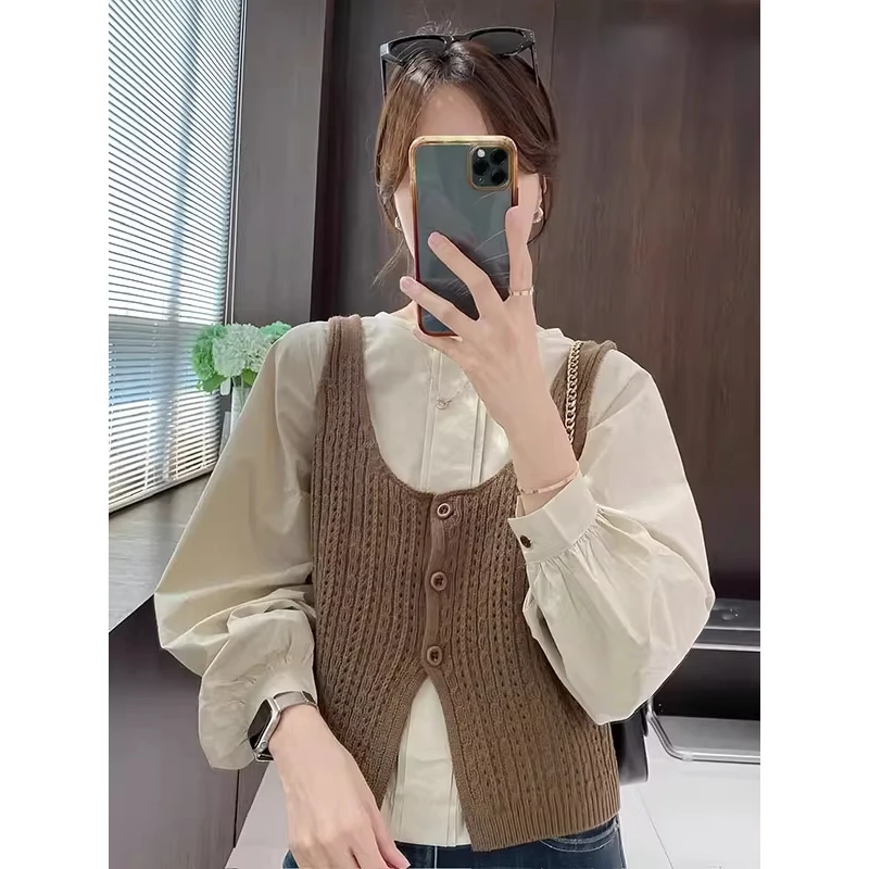 针织马甲灯笼袖衬衫套装女秋季高级感叠穿毛衣背心长袖上衣两件套