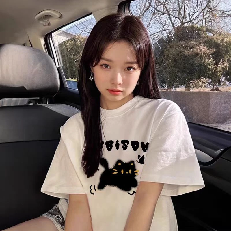 【小黑猫】夏季纯棉T恤男女短袖休闲百搭字母短袖宽松印花透气