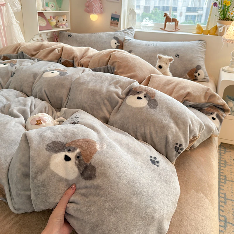 A类小清新学生宿舍加厚保暖单人牛奶绒三件套双人家用床单床笠款