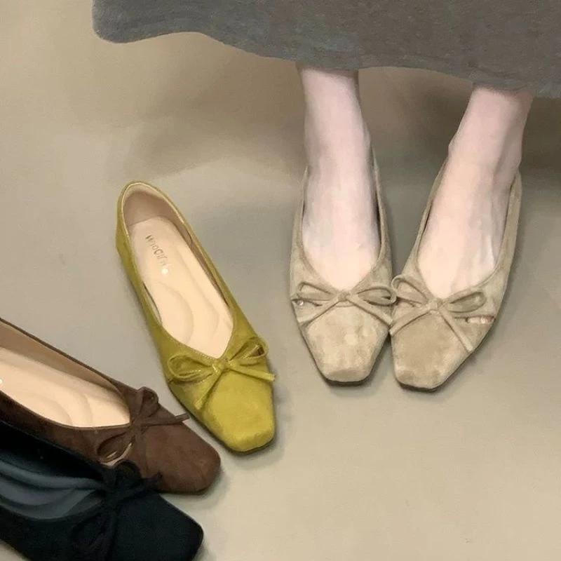 蝴蝶结浅口单鞋女2025年秋季新款方头坡跟鞋百搭一脚蹬软底豆豆鞋