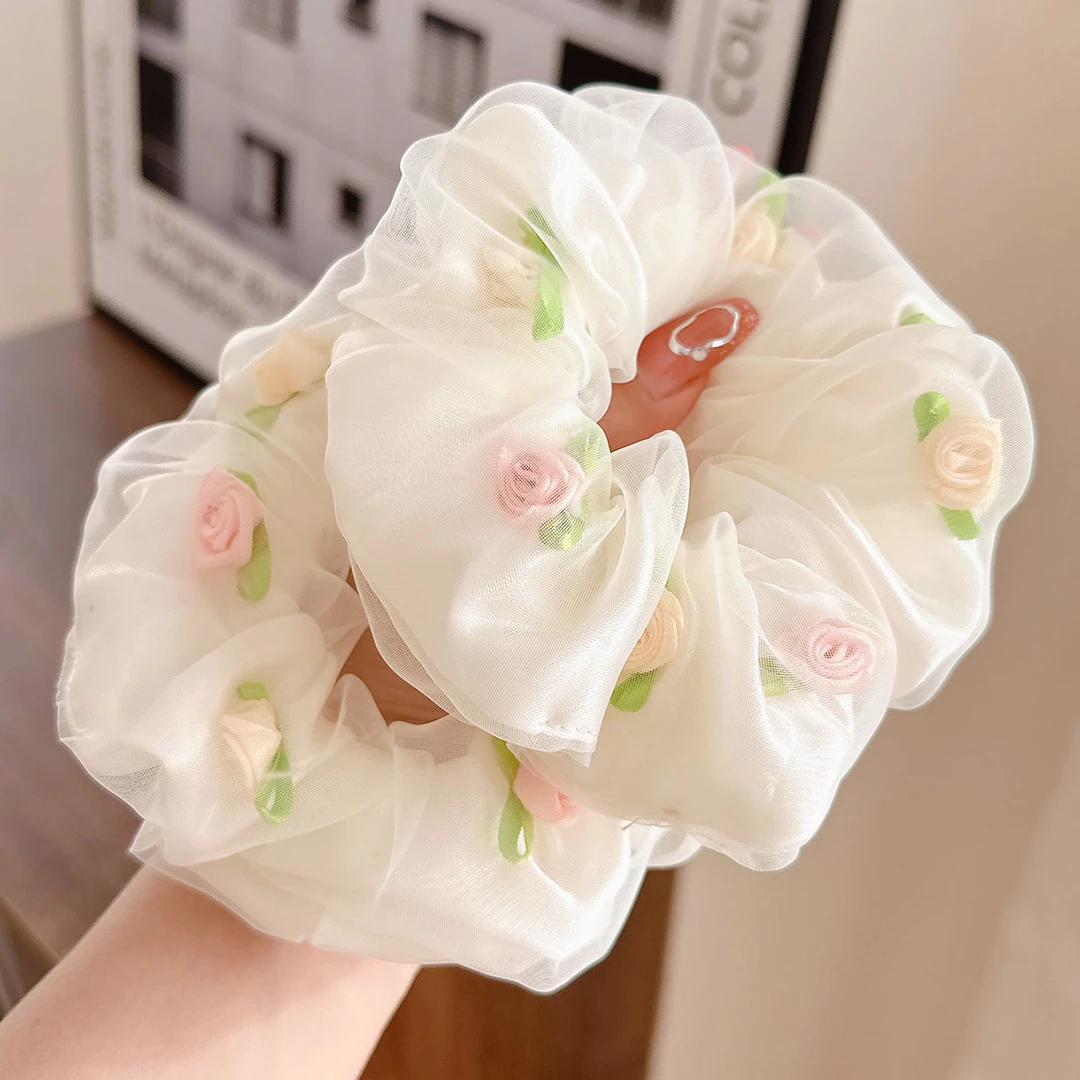 玫瑰花网纱大肠发圈女法式扎头发绳气质橡皮筋高弹力耐用头饰皮套