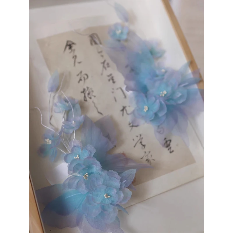 汉服真丝烫花蝴蝶发夹凌烟仙气绢纱花朵发饰对夹软簪手工女仙头饰