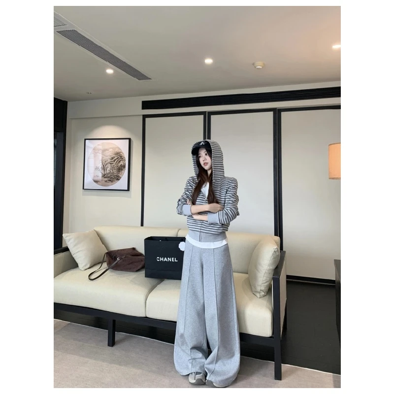 正版+运费险/加绒加厚条纹连帽卫衣外套搭配休闲裤子套装女两件套