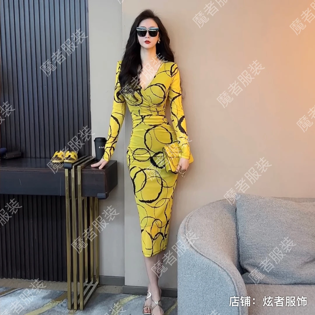 魔者家网纱款【鲜黄灿烂】新款性感显瘦弹力长款连衣裙不定位花纹