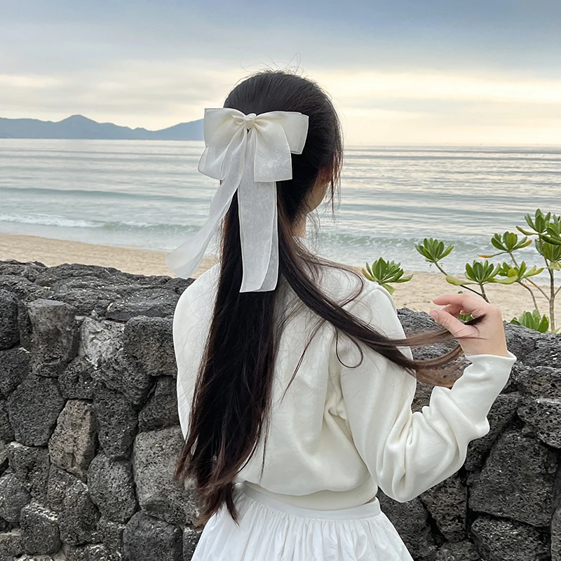 仙女飘飘带发夹米白色蝴蝶结甜美森系后脑勺仙女童发卡鸭嘴夹发饰