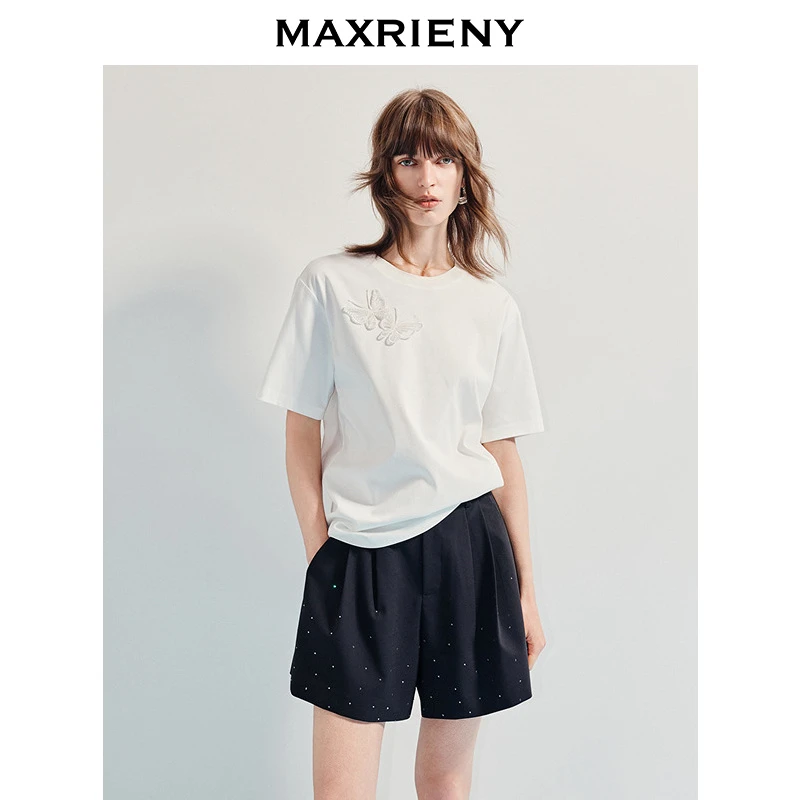 【蜜思仝】MAXRIENY25年夏季新款T恤蝴蝶仙子刺绣印花百搭款
