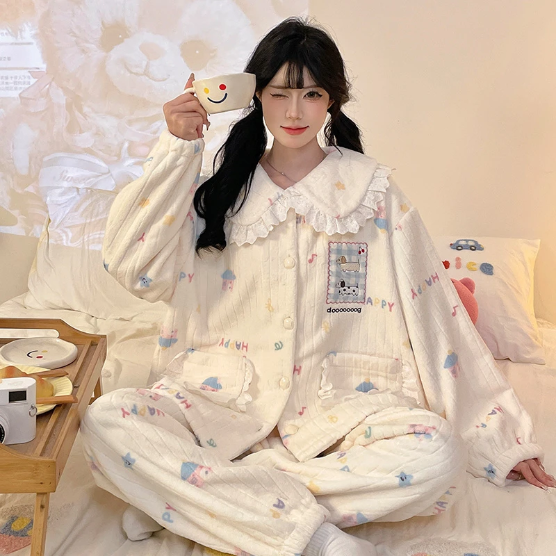 珊瑚绒秋冬季睡衣女长袖保暖加厚加绒宿舍卡通大码外穿家居服套装