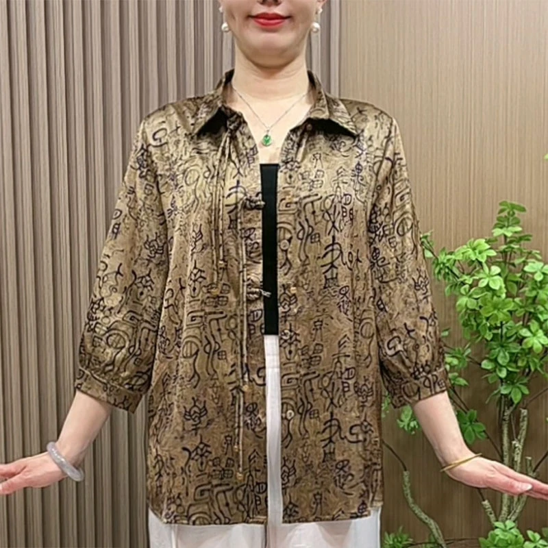 妈妈春夏装国风翻领衬衫中老年女装大码宽松薄款气质七分袖衬衣