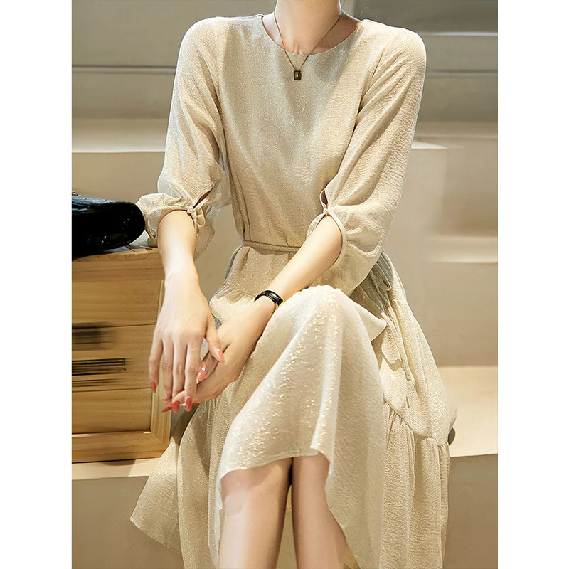 高端流光真丝裙子重磅桑蚕丝连衣裙白色百褶裙2025夏季中长款女装