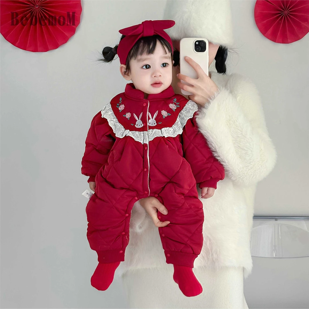 婴幼儿冬季超萌女宝宝加厚哈衣红色新年加厚保暖连体衣外穿服爬服