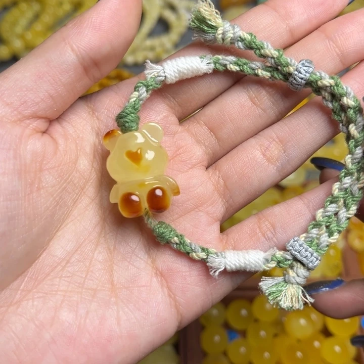 蜜蜡未镶嵌珠宝奇石天然蜜蜡满蜡俏色小熊手链无优化微微瑕
