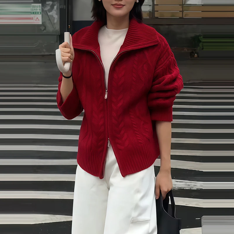 红色翻领长袖针织衫女2025冬季新款时尚气质宽松显瘦通勤减龄上衣