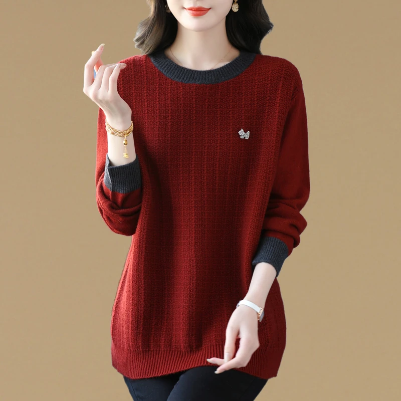 高级感时尚气质圆领中长款毛衣打底衫女秋冬大码宽松洋气针织上衣