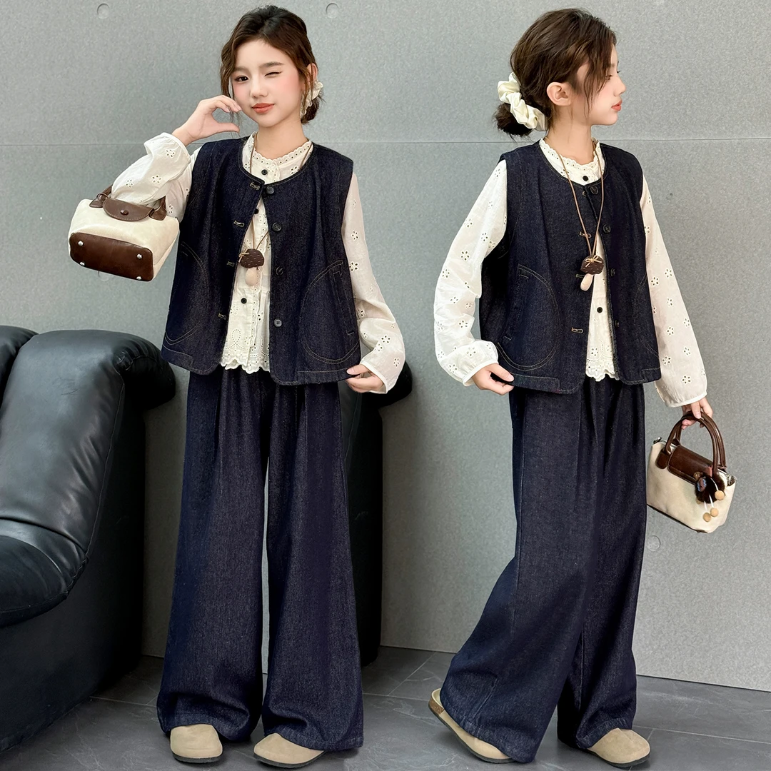 女童法式秋季套头女常规少女风套装针织宽松阔腿裤可露丽风三件套