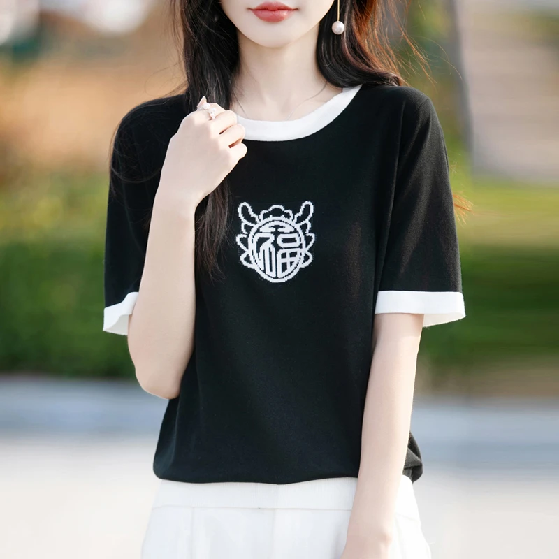 女士圆领拼色福字刺绣短袖针织衫女洋气百搭休闲上衣薄款夏季N521