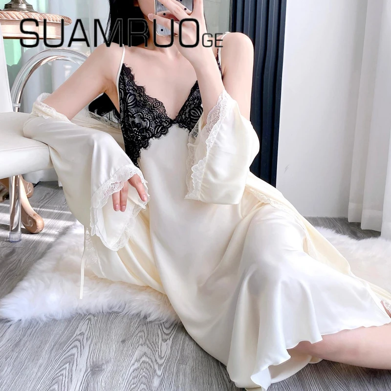 SUAM RUO性感睡衣女款冰丝法式蕾丝吊带睡裙包臀裙春夏季露背长裙