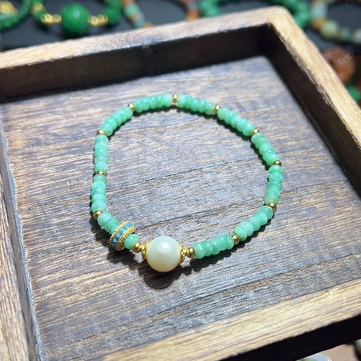 翡翠手串银S925镀金镶嵌翡翠手串