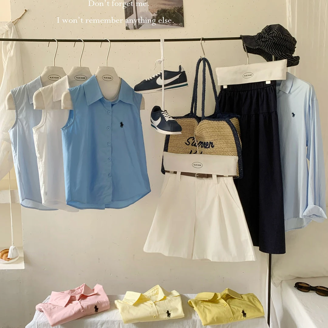 极简多巴胺小刺绣polo领无袖坎肩衬衫女夏季宽松休闲百搭翻领上衣