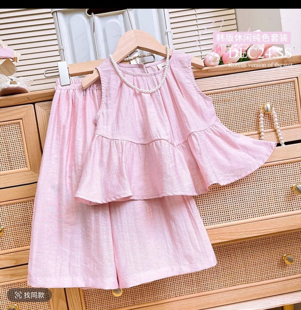 HANBAN -2025夏季新款洋气套装卡通无袖粉色裤韩版休闲三件套