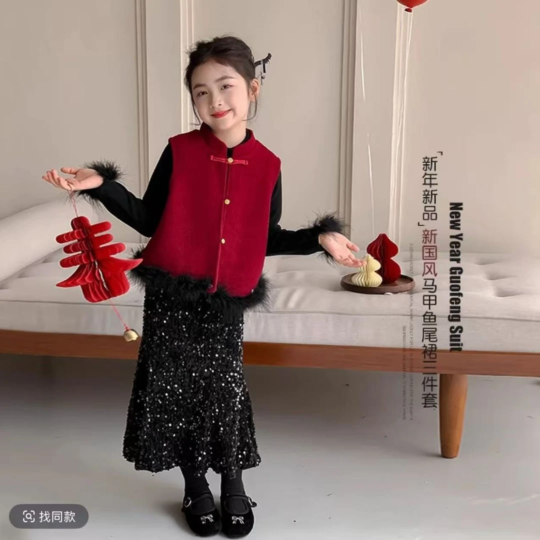 女童拜年服2025新款冬装新中式红色新年衣服公主裙套装儿童过年服