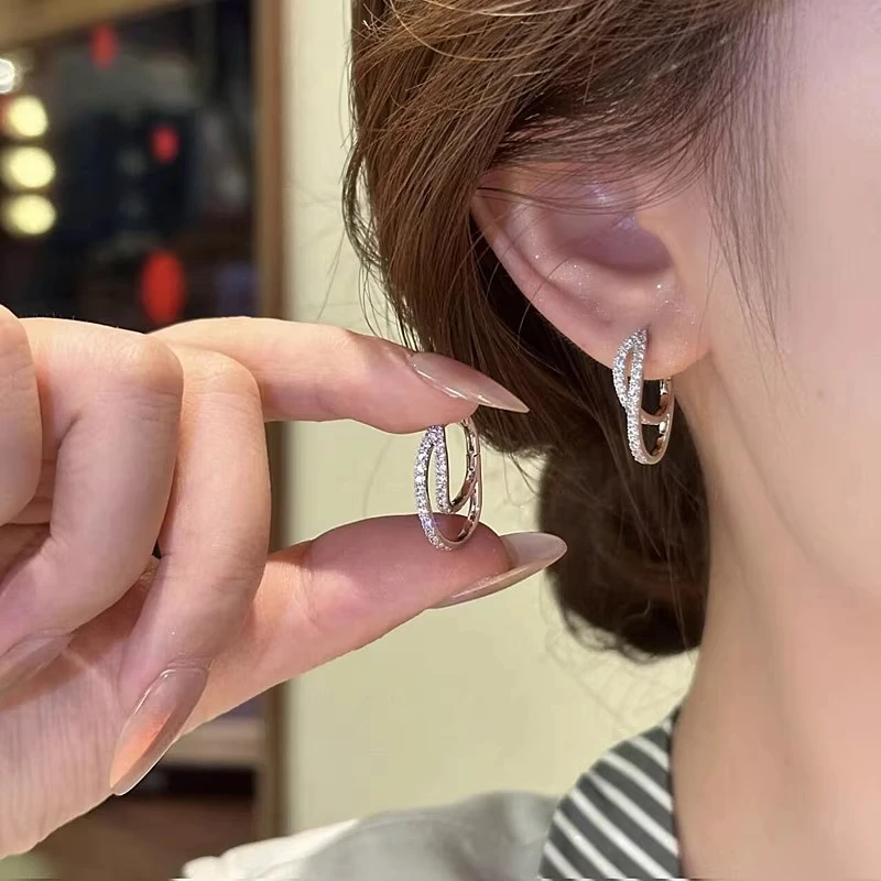 铜合金耳饰 银色双层交叉耳扣女耳环2025新款气质轻奢高级感耳饰