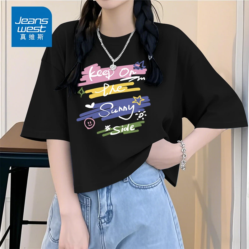 真维斯黑色纯棉t恤夏天加宽加大女装韩系胖mm宽松别致正肩短袖女