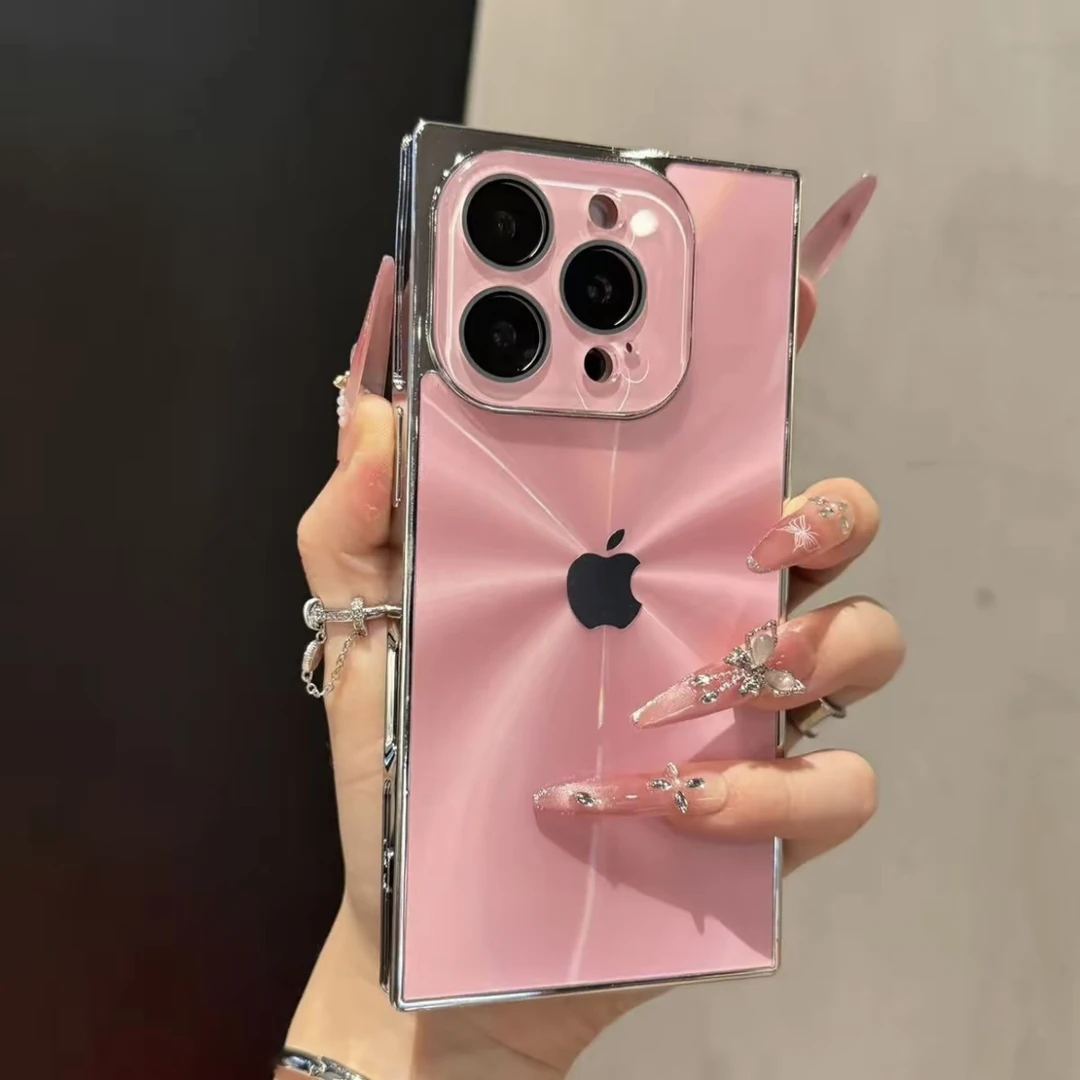ins极光电镀方形适用苹果16promax手机壳高级感iphone15带镜头膜