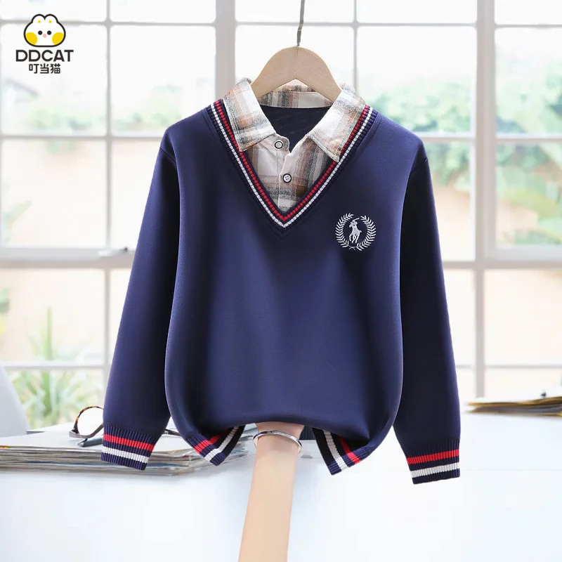 叮当猫儿童卫衣假两件时尚洋气中大童翻领套头校园风男孩子打底衫