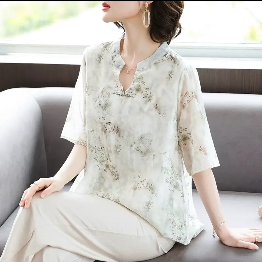 9211-新款妈妈上衣新中式中袖中老年印花民族风外穿小衫【A24-1-1】