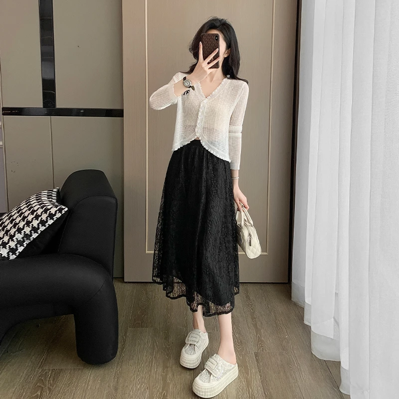 2025新款爆款洋气防晒衫针织长袖开衫上衣套装垂感黑色蕾丝半身裙