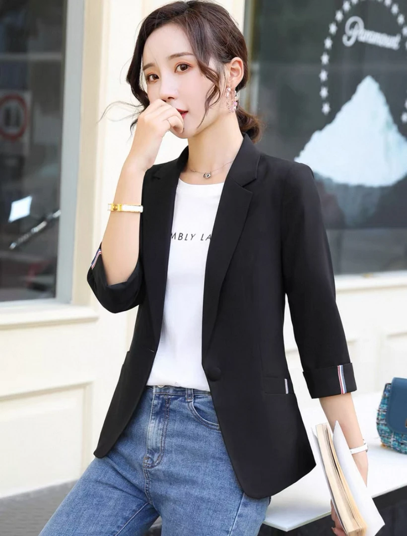 黑色七分袖小西装外套女薄款新款时尚韩版休闲中袖修身西服 22302
