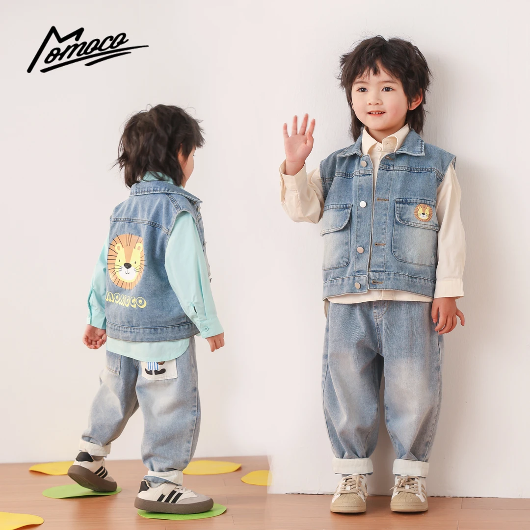 MOMOCO2025款春季男童小狮子韩版休闲牛仔马甲77140131001
