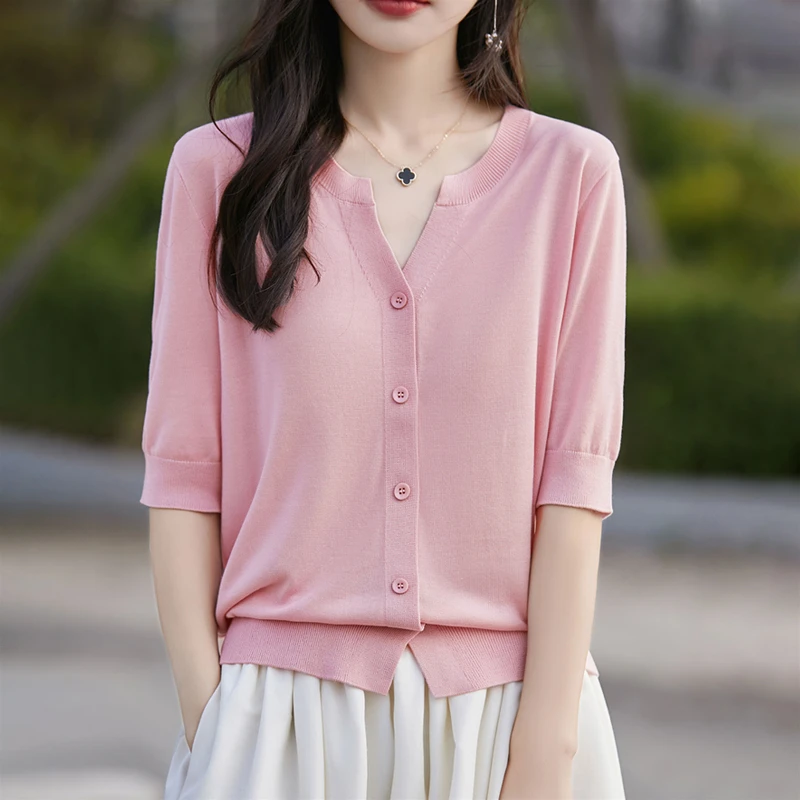 透气凉爽莱赛尔天丝五分袖T恤女新款夏季时尚洋气宽松V领开衫外套