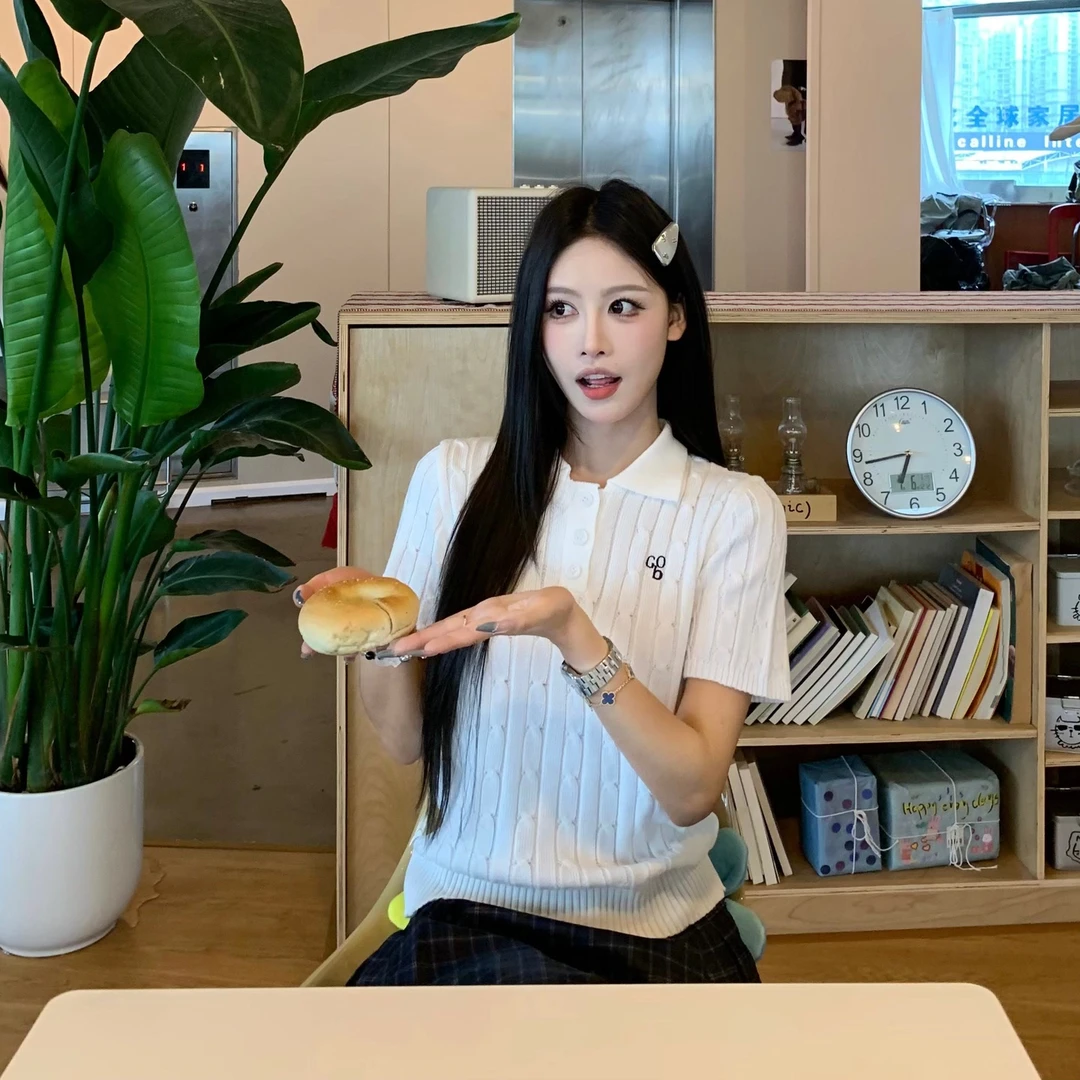 3MER miu系复古正肩POLO领麻花针织衫女夏季短袖T恤上衣