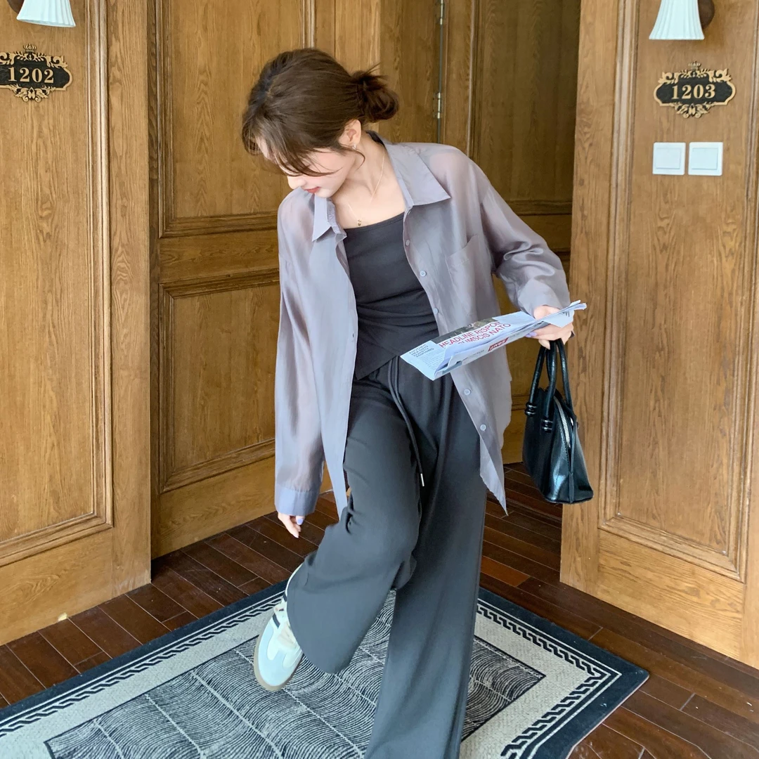 防晒轻薄衬衫吊带裤子三件套2025夏装穿搭一整套今年流行漂亮套装