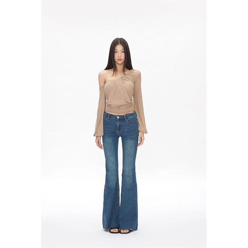 withmin凉皮 名媛穿搭 丹宁风显瘦直筒微喇修身复古牛仔裤2522817