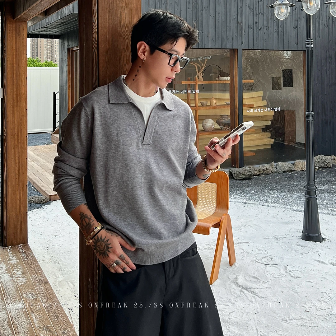 OXFREAK「老钱风 海鸥领」假两件polo毛衣男设计感小众翻领针织衫